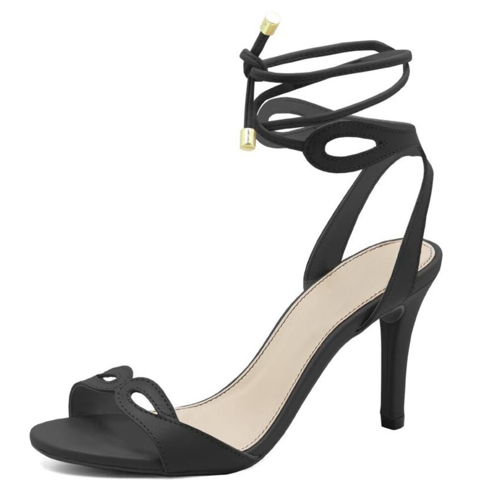 NEW Designer Open Toe -Tie Up Black Leather Heel